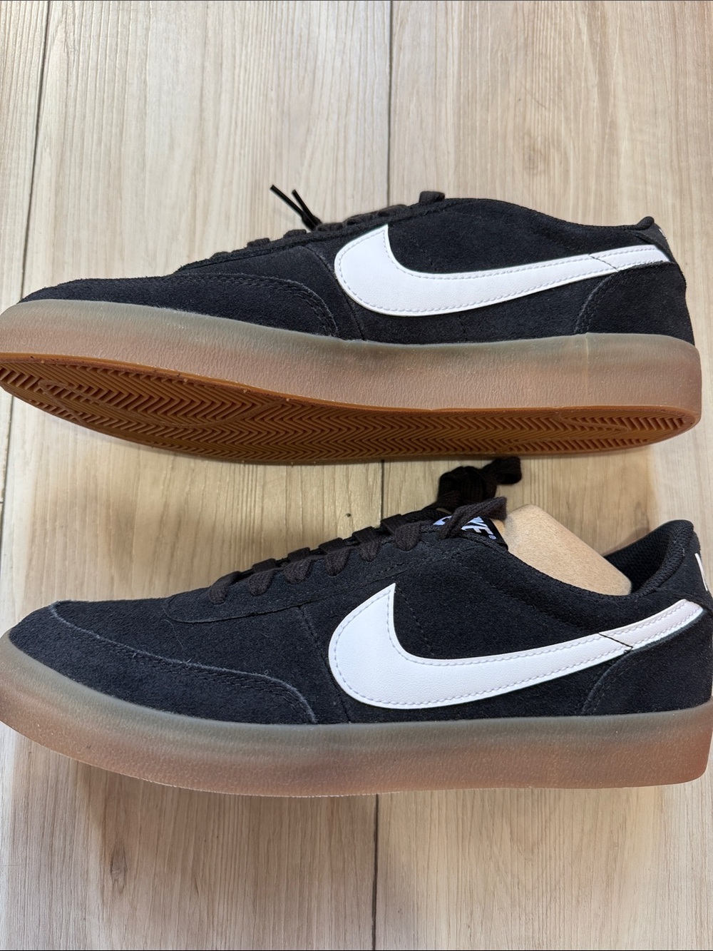 Nike Men’s Black Suede Sneakers with White Swoosh and Gum Sole